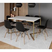 Mesa Jantar Industrial Retangular 137X90Cm Branca Base V Dourada Com 6 Cadeiras Madeira Cor: Branco - 1