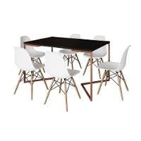 Mesa Jantar Industrial Retangular Preta 137X90Cm Base V Cobre Com 6 Cadeiras Brancas Ma Cor: Preto - 6