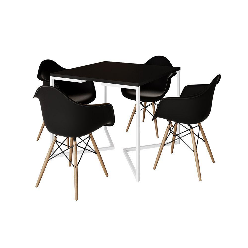 Mesa Jantar Industrial Quadrada 90Cm Preta Base V Ferro Branco Com 4 Poltronas Pretas M Cor: Preto - 6