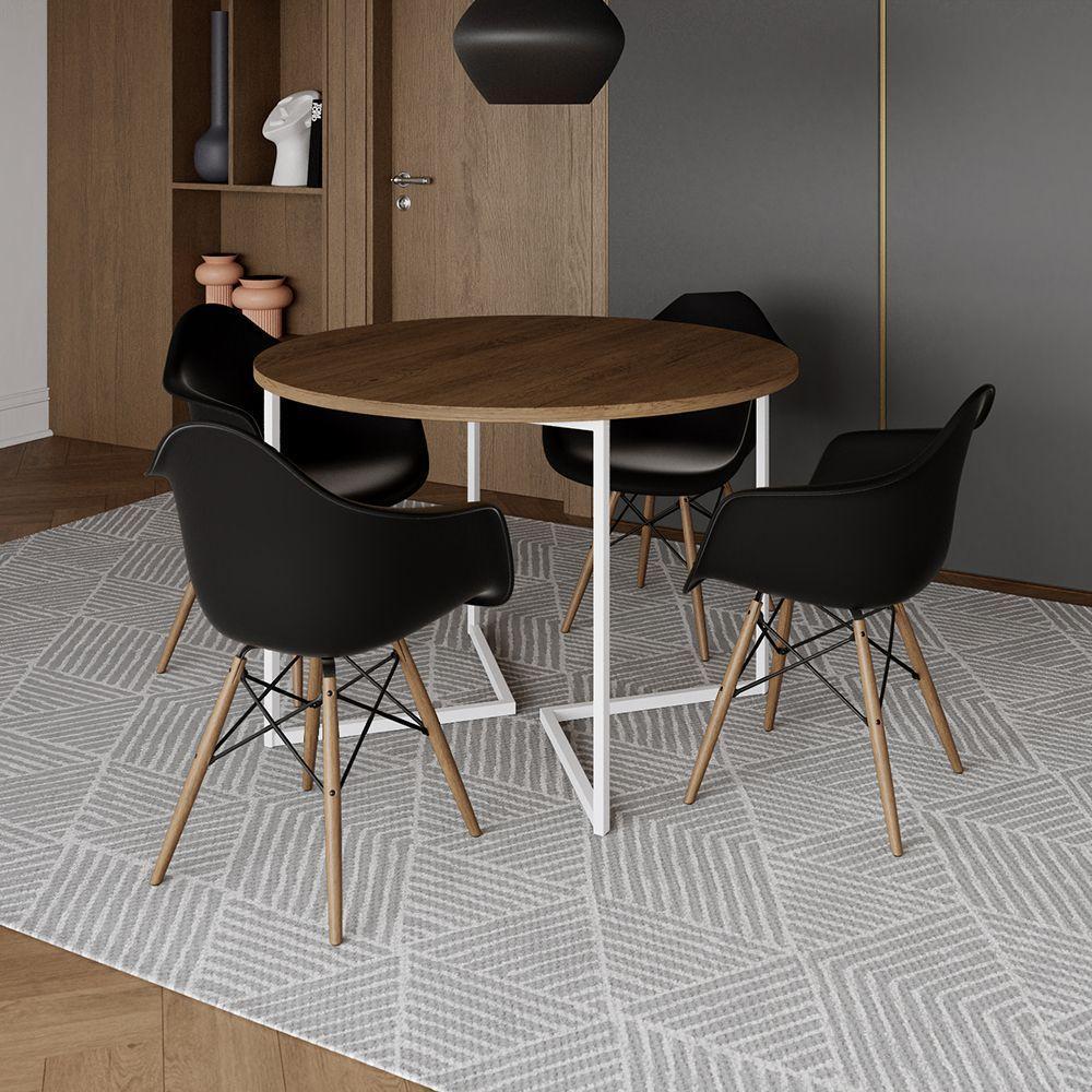 Mesa Jantar Industrial Amêndoa 110Cm Redonda Base V Ferro Branco C/4 Poltronas Pretas Madei Amendoa - 1