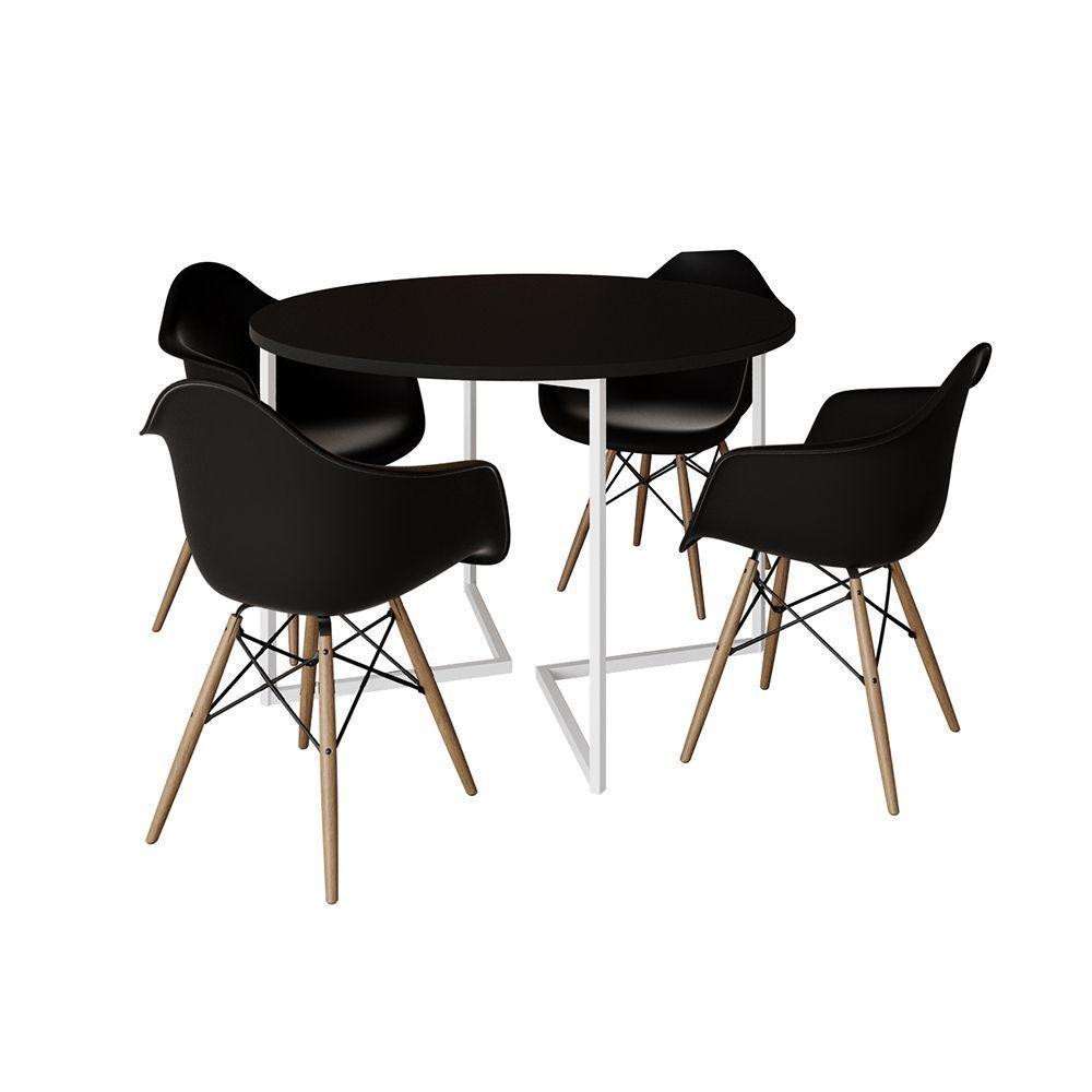 Mesa Jantar Industrial Preta 110Cm Redonda Base V Ferro Branco C/4 Poltronas Pretas Madeira Preto - 6