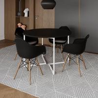 Mesa Jantar Industrial Preta 110Cm Redonda Base V Ferro Branco C/4 Poltronas Pretas Madeira Preto - 1