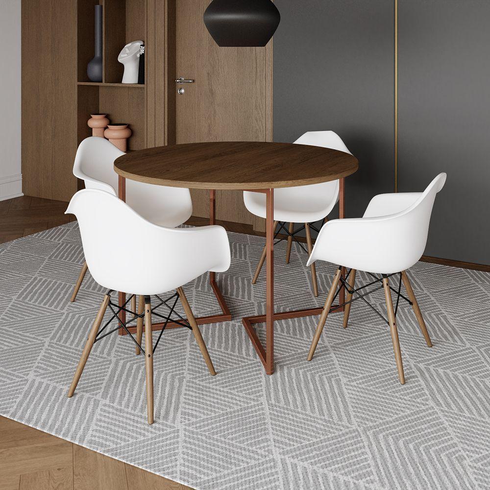 Mesa Jantar Industrial Amêndoa 110Cm Redonda Base V Cobre C/4 Poltronas Brancas Madeira Amendoa - 1