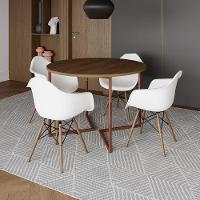 Mesa Jantar Industrial Amêndoa 110Cm Redonda Base V Cobre C/4 Poltronas Brancas Madeira Amendoa - 1