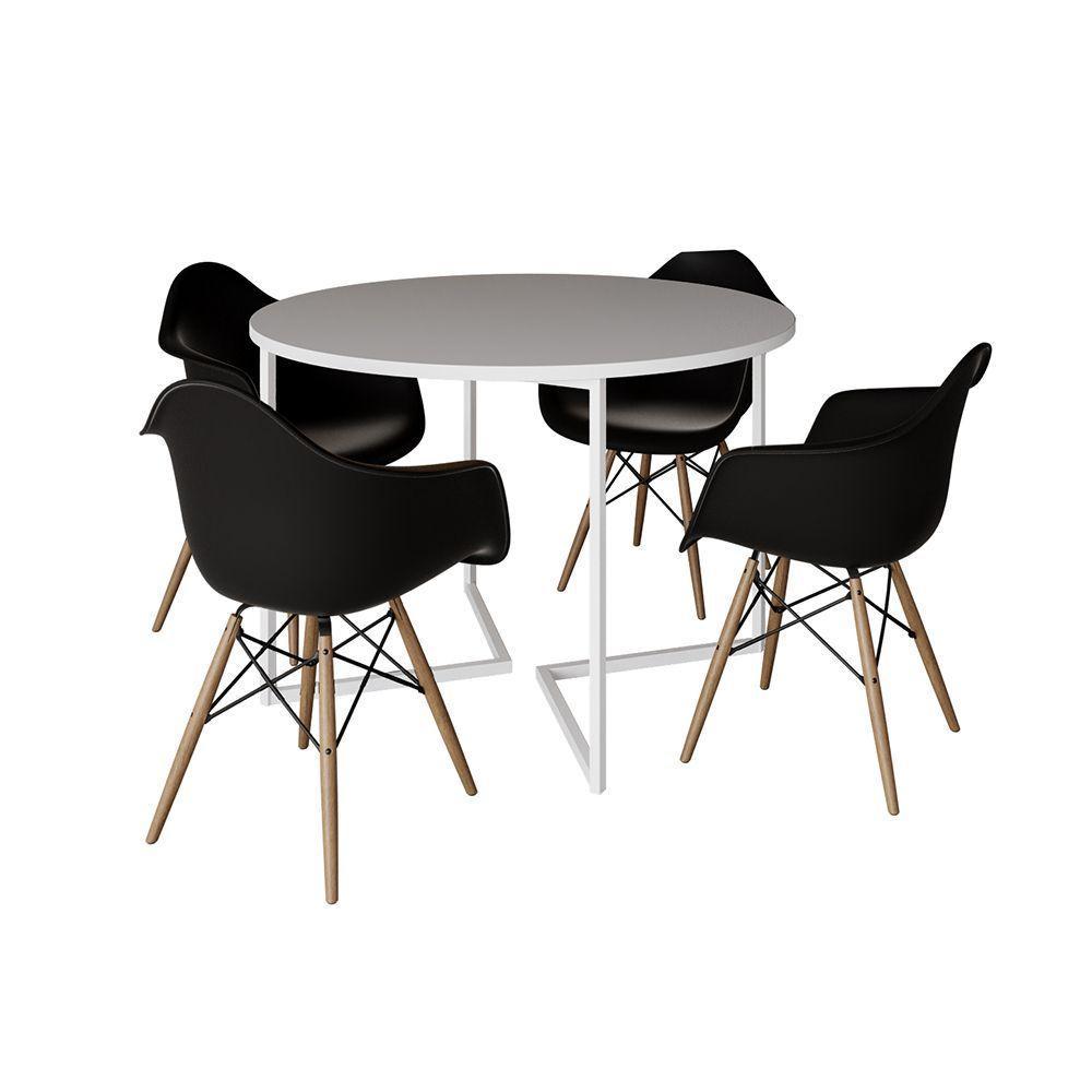 Mesa Jantar Industrial Branca 110Cm Redonda Base V Ferro Branco C/4 Poltronas Pretas Madeir Branco - 6