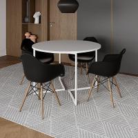 Mesa Jantar Industrial Branca 110Cm Redonda Base V Ferro Branco C/4 Poltronas Pretas Madeir Branco - 1