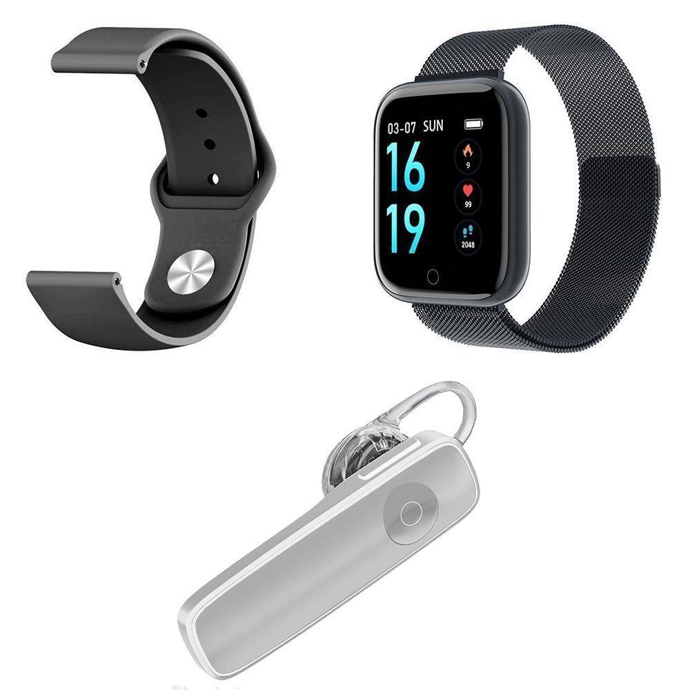 Kit 1 Smartwatch Preto + 1 Pulseira Extra + 1 Headset Branco - 1