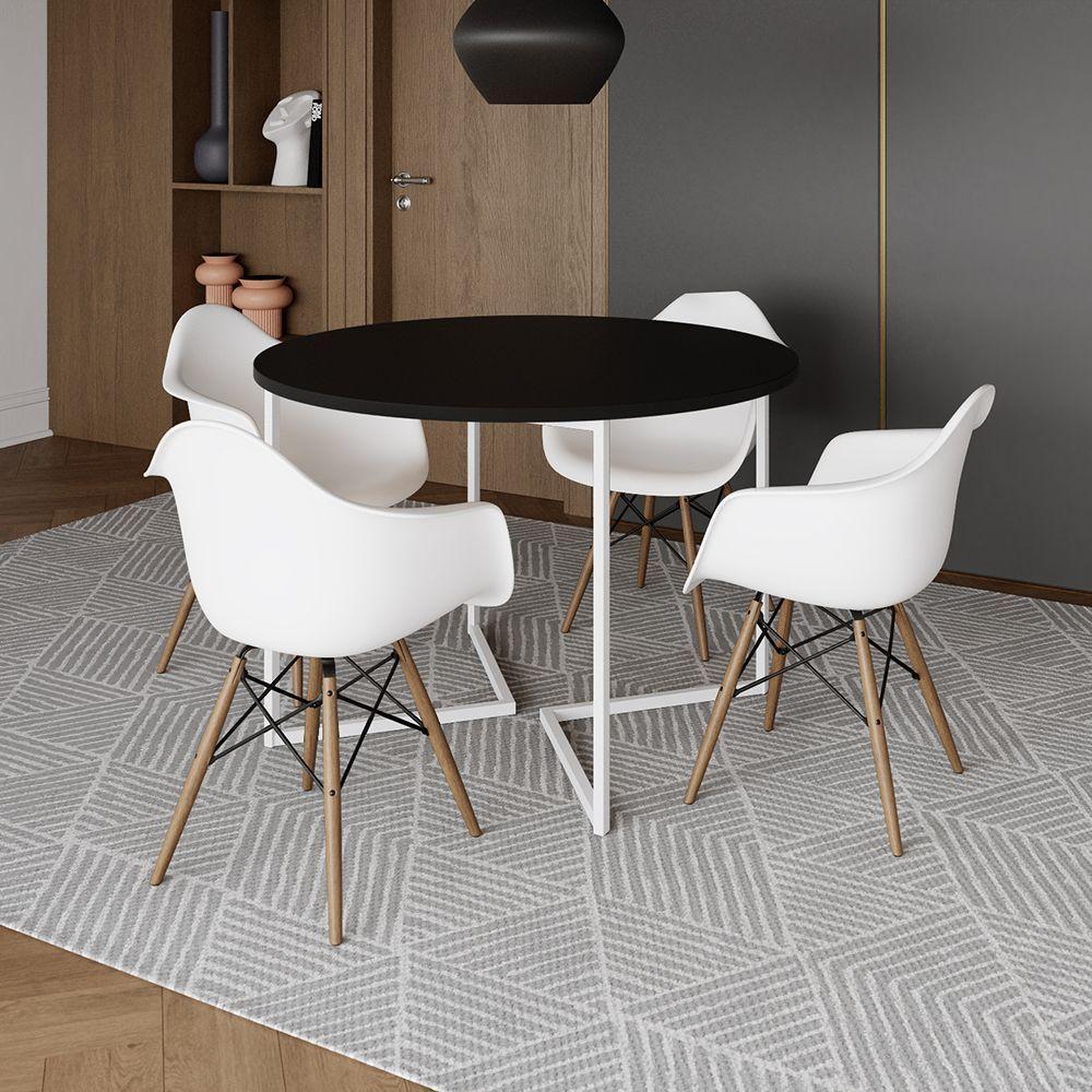 Mesa Jantar Industrial Preta 110Cm Redonda Base V Ferro Branco C/4 Poltronas Brancas Madeir Preto - 1