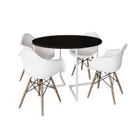 Mesa Jantar Industrial Preta 110Cm Redonda Base V Ferro Branco C/4 Poltronas Brancas Madeir Preto - 6