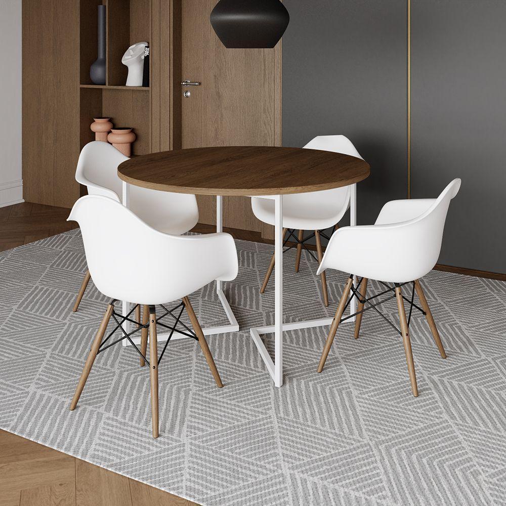 Mesa Jantar Industrial Amêndoa 110Cm Redonda Base V Ferro Branco C/4 Poltronas Brancas Made Amendoa - 1