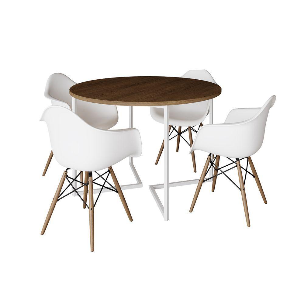 Mesa Jantar Industrial Amêndoa 110Cm Redonda Base V Ferro Branco C/4 Poltronas Brancas Made Amendoa - 6