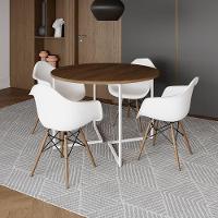 Mesa Jantar Industrial Amêndoa 110Cm Redonda Base V Ferro Branco C/4 Poltronas Brancas Made Amendoa - 1