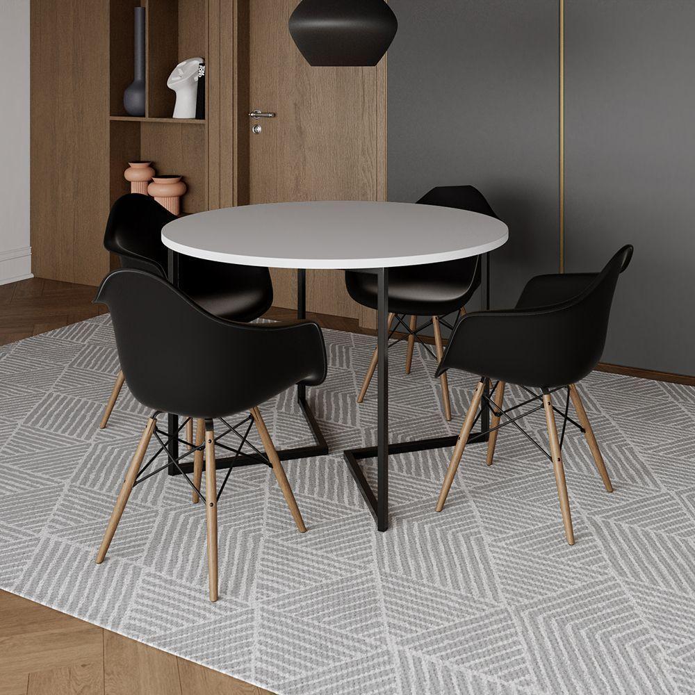 Mesa Jantar Industrial Branca 110Cm Redonda Base V Ferro Preto C/4 Poltronas Pretas Madeira Branco - 1