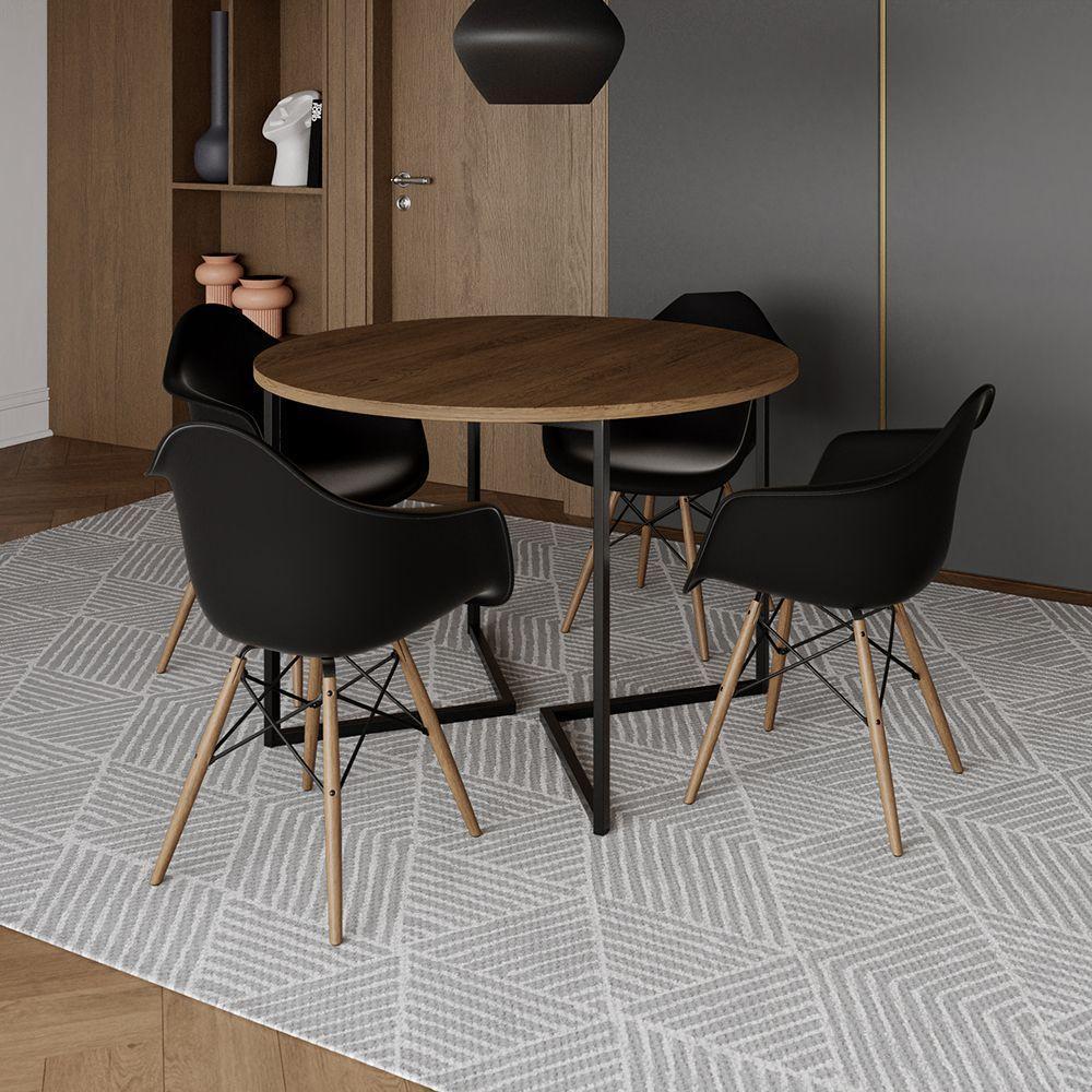 Mesa Jantar Industrial Amêndoa 110Cm Redonda Base V Ferro Preto C/4 Poltronas Pretas Madeir Amendoa - 1