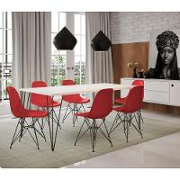 Conjunto De Mesa Clips De Ferro Preto Tampo Branco 135X75 6 Cadeiras Preta Assento Vermelho - 1