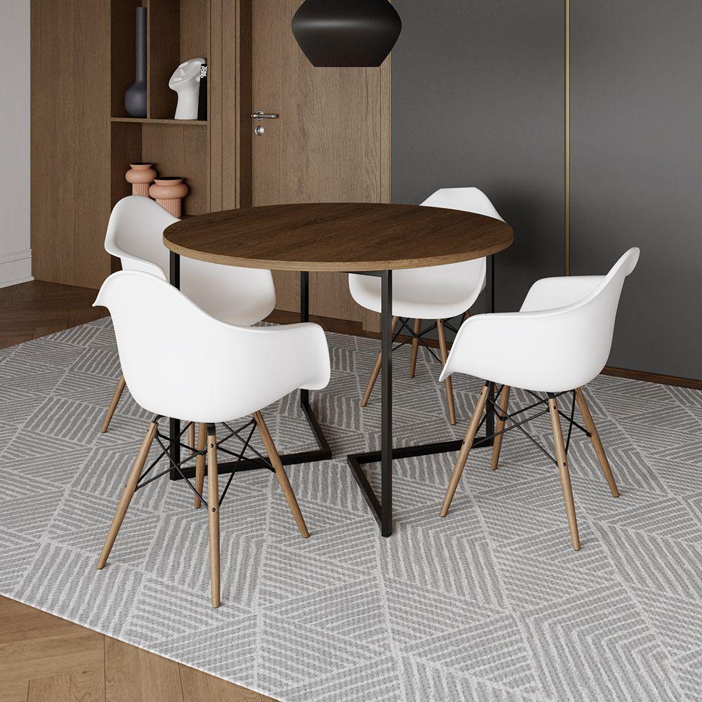 Mesa Jantar Industrial Amêndoa 110Cm Redonda Base V Ferro Preto C/4 Poltronas Brancas Madei Amendoa - 1