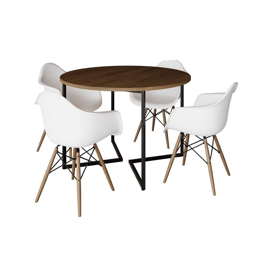 Mesa Jantar Industrial Amêndoa 110Cm Redonda Base V Ferro Preto C/4 Poltronas Brancas Madei Amendoa - 6