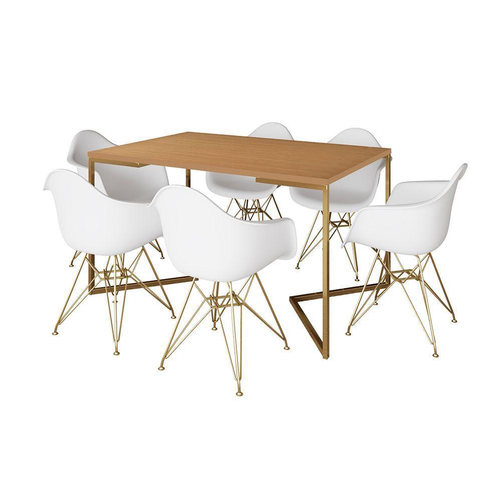 Mesa Jantar Industrial Canela 137X90Cm Base V Com 6 Poltronas Daw Brancas Base Dourada Cor: Canela - 6