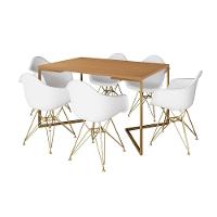 Mesa Jantar Industrial Canela 137X90Cm Base V Com 6 Poltronas Daw Brancas Base Dourada Cor: Canela - 6
