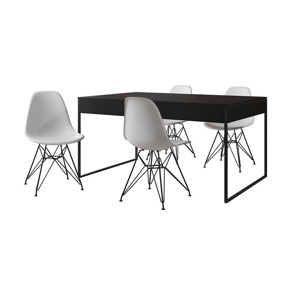 Mesa Jantar Industrial Retangular 137X90Cm Preta Com 4 Cadeiras Brancas Base Ferro Cor: Preto - 6