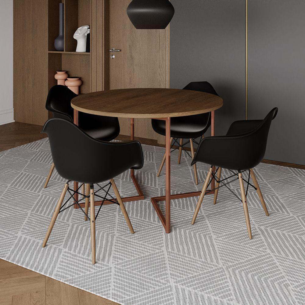 Mesa Jantar Industrial Amêndoa 110Cm Redonda Base V Cobre C/4 Poltronas Pretas Madeira Cor: Amendoa - 1