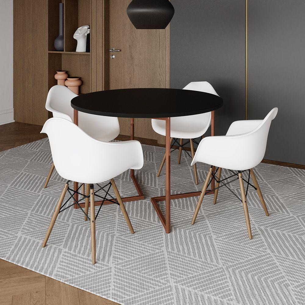 Mesa Jantar Industrial Preta 110Cm Redonda Base V Cobre Com 4 Poltronas Brancas Madeira Cor: Preto - 1