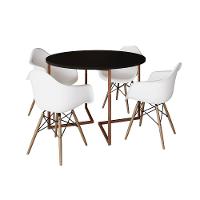 Mesa Jantar Industrial Preta 110Cm Redonda Base V Cobre Com 4 Poltronas Brancas Madeira Cor: Preto - 6