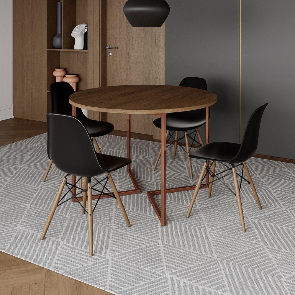 Mesa Jantar Industrial Redonda 110Cm Amêndoa Base V Cobre C/4 Cadeiras Preta Base Madeira Amendoa - 1