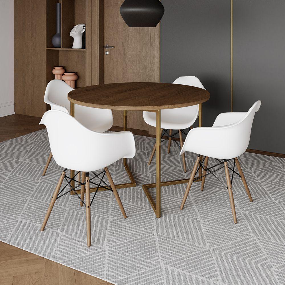 Mesa Jantar Industrial Redonda 110Cm Amêndoa Base V Dourada C/4 Poltronas Daw Madeira Cor: Amendoa - 1
