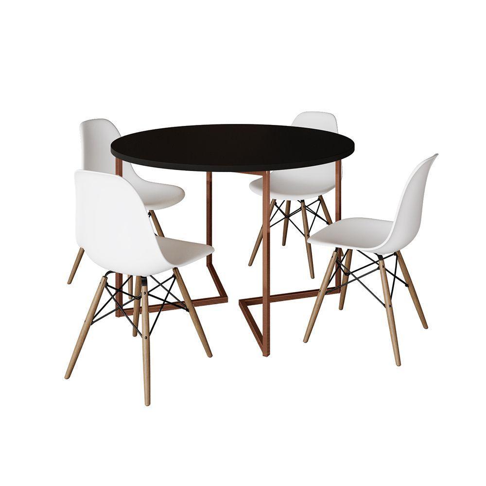 Mesa Jantar Industrial Redonda 110Cm Preta Base V Cobre C/4 Cadeiras Branca Base Madeira Cor: Preto - 6