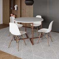 Mesa Jantar Industrial Redonda 110Cm Branca Base V Cobre C/4 Cadeiras Branca Base Madeira Branco - 1