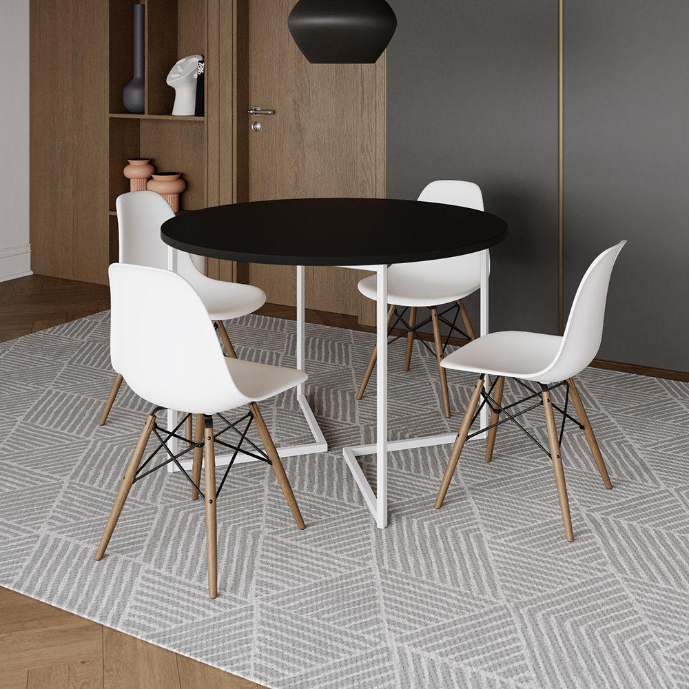 Mesa Jantar Industrial Redonda 110Cm Preta Base V Ferro Branco C/4 Cadeiras Branca Base Made Preto - 1