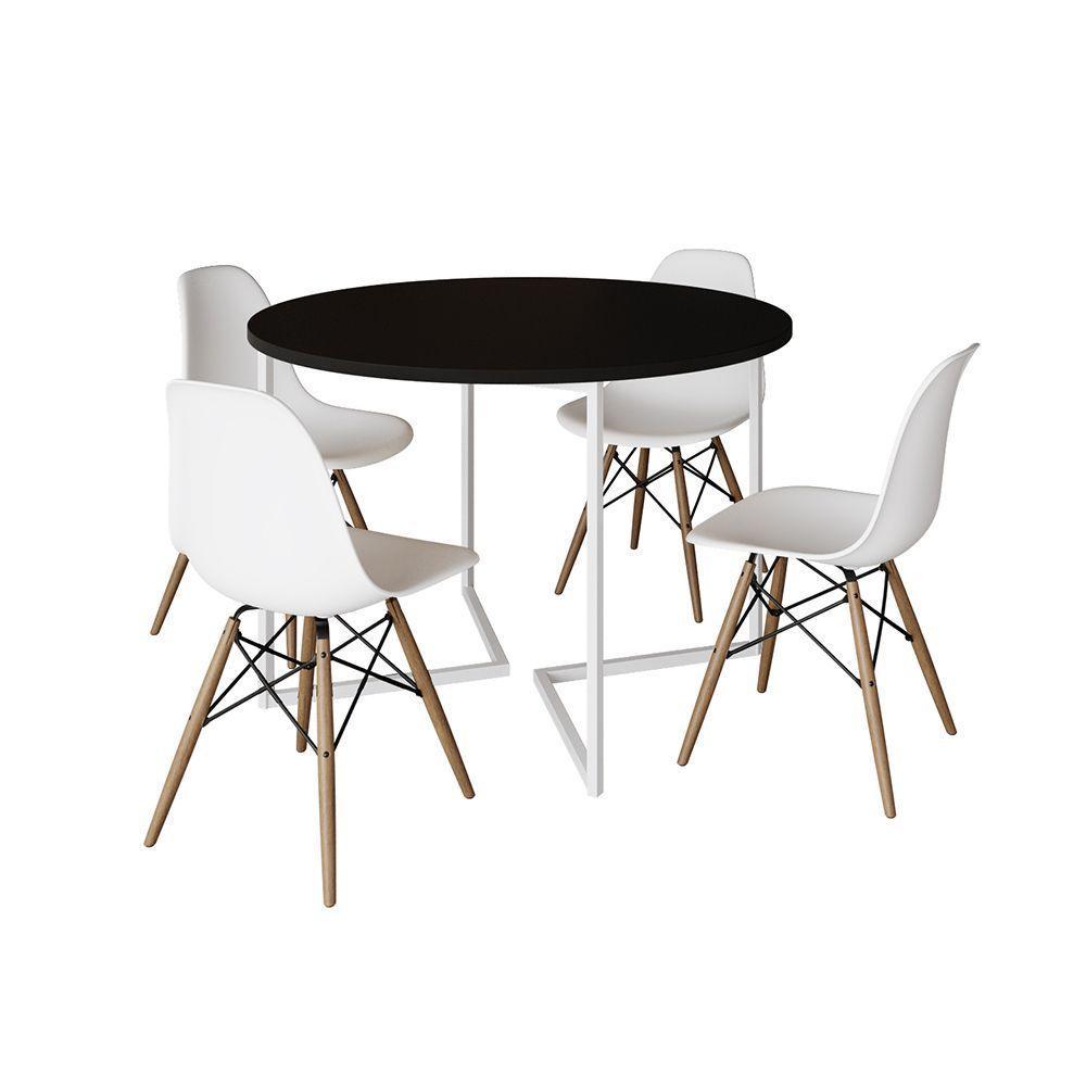 Mesa Jantar Industrial Redonda 110Cm Preta Base V Ferro Branco C/4 Cadeiras Branca Base Made Preto - 6