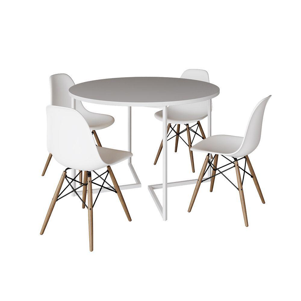 Mesa Jantar Industrial Redonda 110Cm Branca Base V Ferro Branco C/4 Cadeiras Branca Base Mad Branco - 6