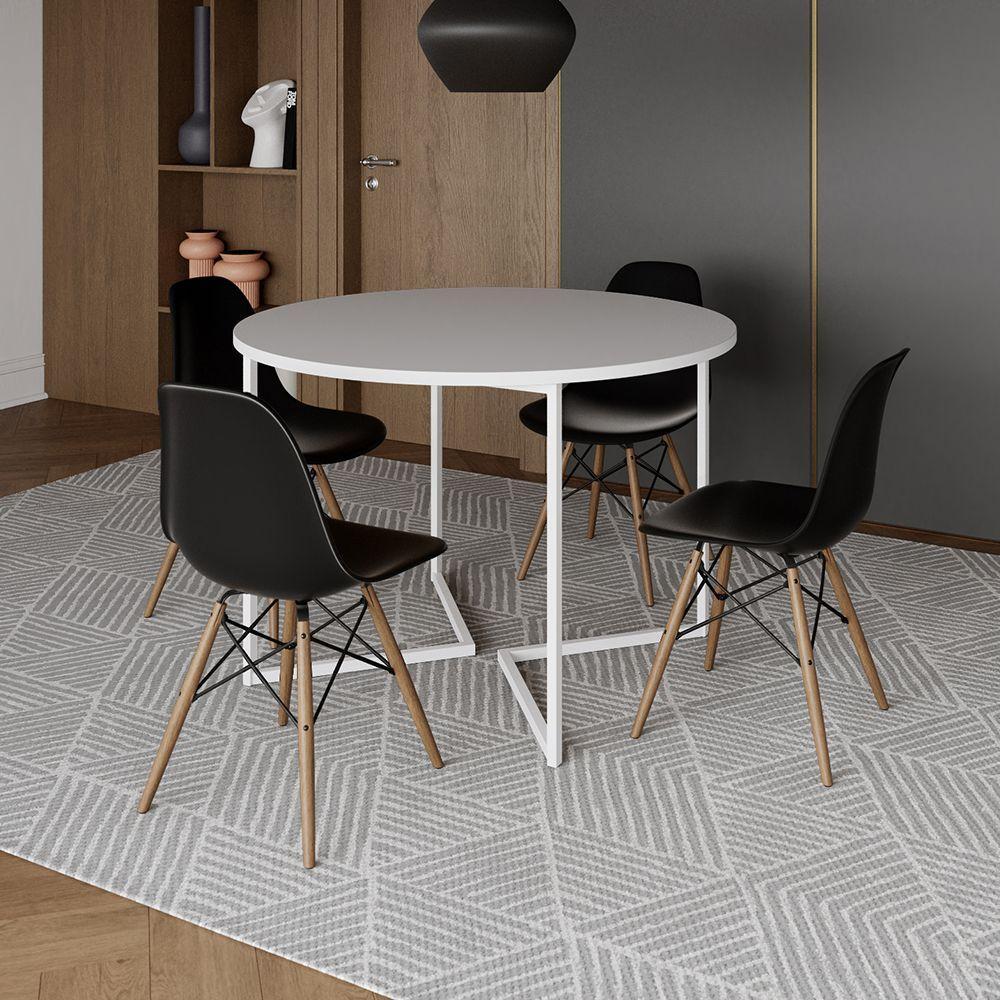 Mesa Jantar Industrial Redonda 110Cm Branca Base V Ferro Branco C/4 Cadeiras Preta Base Made Branco - 1