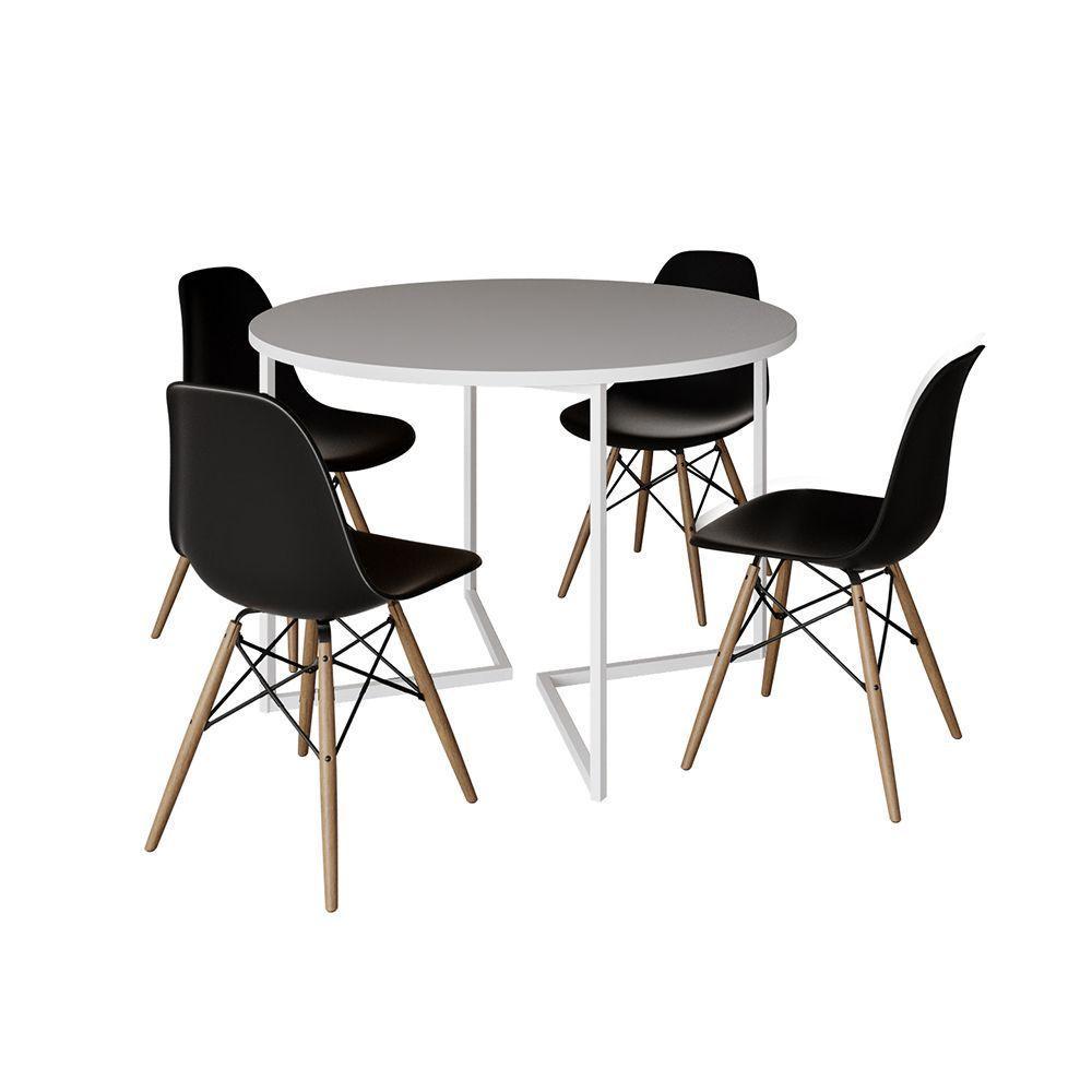 Mesa Jantar Industrial Redonda 110Cm Branca Base V Ferro Branco C/4 Cadeiras Preta Base Made Branco - 6