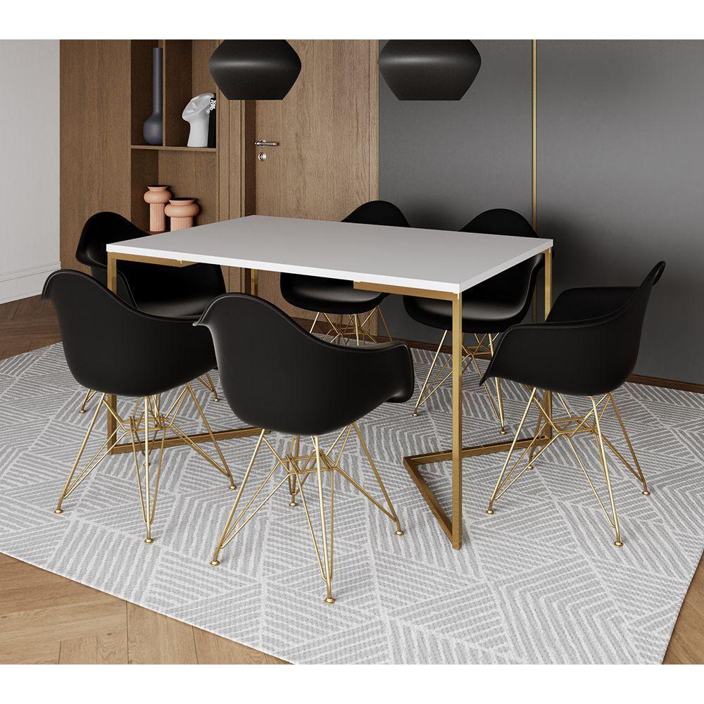 Mesa Jantar Industrial Branca 137X90Cm Base V Com 6 Poltronas Daw Pretas Base Dourada Cor: Branco - 1