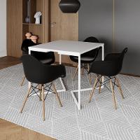 Mesa Jantar Industrial Quadrada 90Cm Branca Base V Ferro Branco Com 4 Poltronas Pretas Cor: Branco - 1