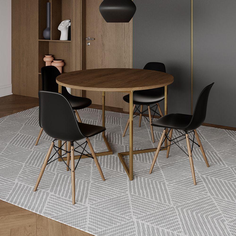 Mesa Jantar Industrial Redonda 110Cm Amêndoa Base V Dourada C/4 Cadeiras Madeira Pret Cor: Amendoa - 1