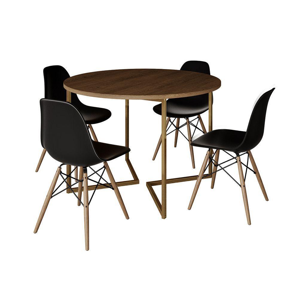 Mesa Jantar Industrial Redonda 110Cm Amêndoa Base V Dourada C/4 Cadeiras Madeira Pret Cor: Amendoa - 6