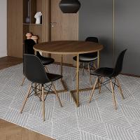 Mesa Jantar Industrial Redonda 110Cm Amêndoa Base V Dourada C/4 Cadeiras Madeira Pret Cor: Amendoa - 1