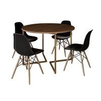 Mesa Jantar Industrial Redonda 110Cm Amêndoa Base V Dourada C/4 Cadeiras Madeira Pret Cor: Amendoa - 6