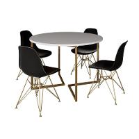 Mesa Jantar Industrial Redonda 110Cm Branca Base V Dourada Com 4 Cadeiras Pretas Base D Cor: Branco - 6