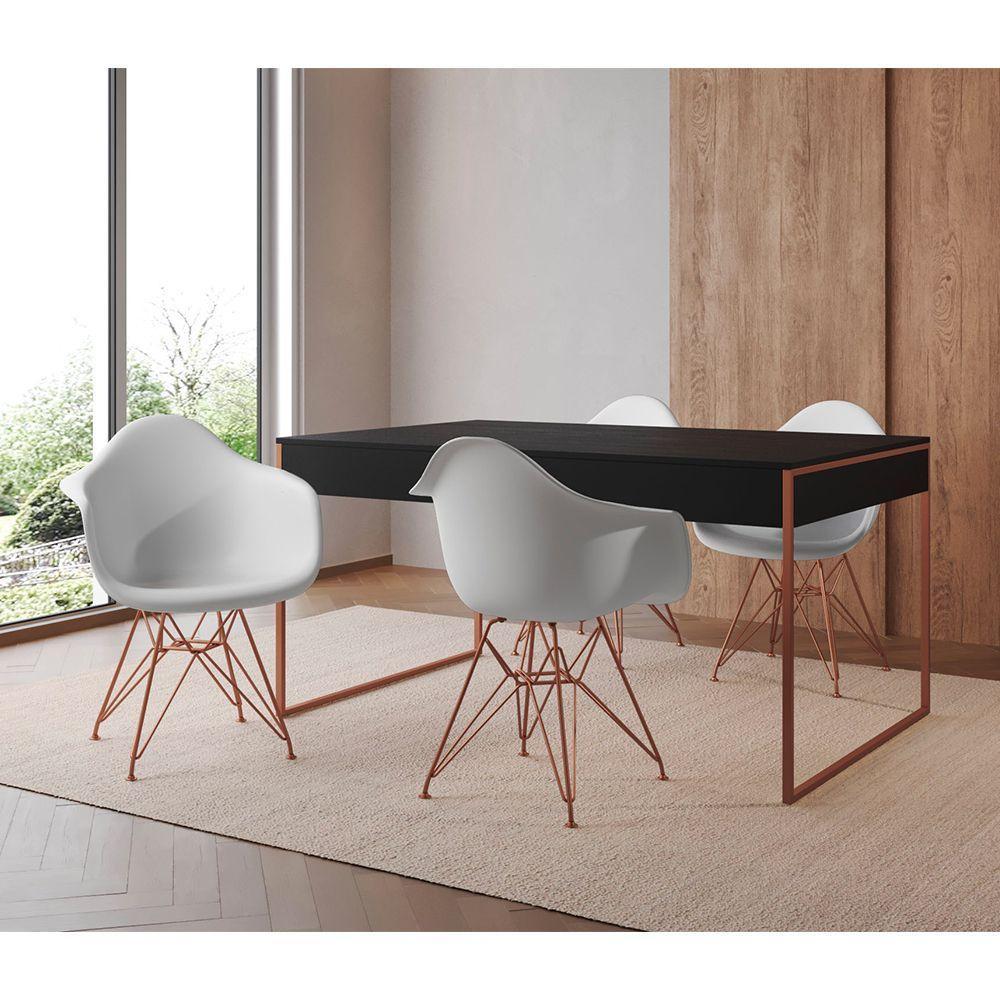 Mesa Jantar Industrial Preta 137X90Cm Com 4 Poltronas Brancas Base Cobre Cor: Preto - 1