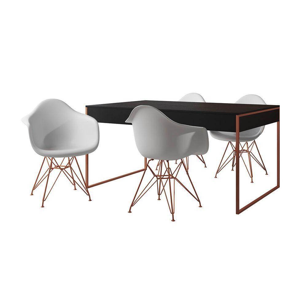 Mesa Jantar Industrial Preta 137X90Cm Com 4 Poltronas Brancas Base Cobre Cor: Preto - 6
