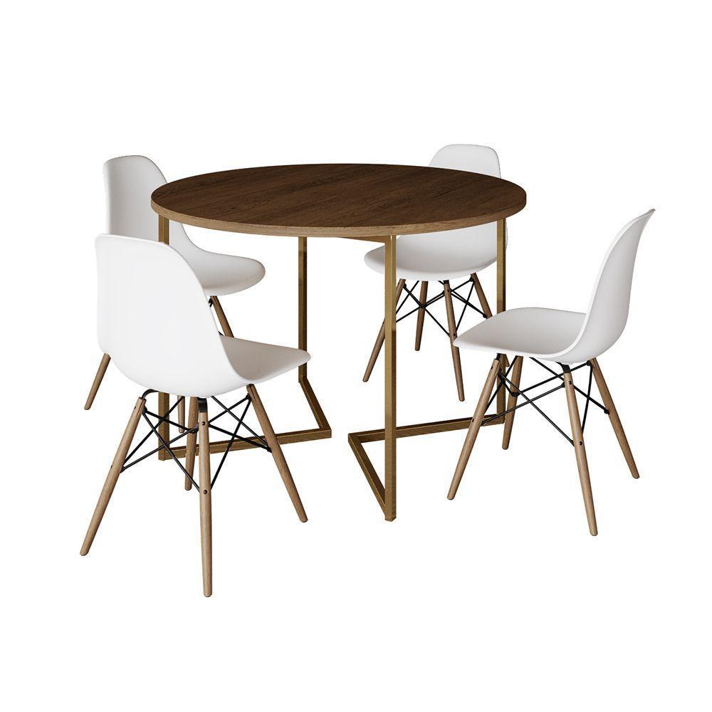 Mesa Jantar Industrial Redonda 110Cm Amêndoa Base V Dourada C/4 Cadeiras Madeira Bran Cor: Amendoa - 6