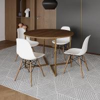 Mesa Jantar Industrial Redonda 110Cm Amêndoa Base V Dourada C/4 Cadeiras Madeira Bran Cor: Amendoa - 1