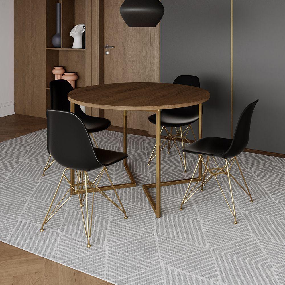 Mesa Jantar Industrial Redonda 110Cm Amêndoa Base V Dourada C/4 Cadeiras Pretas Base Cor: Amendoa - 1