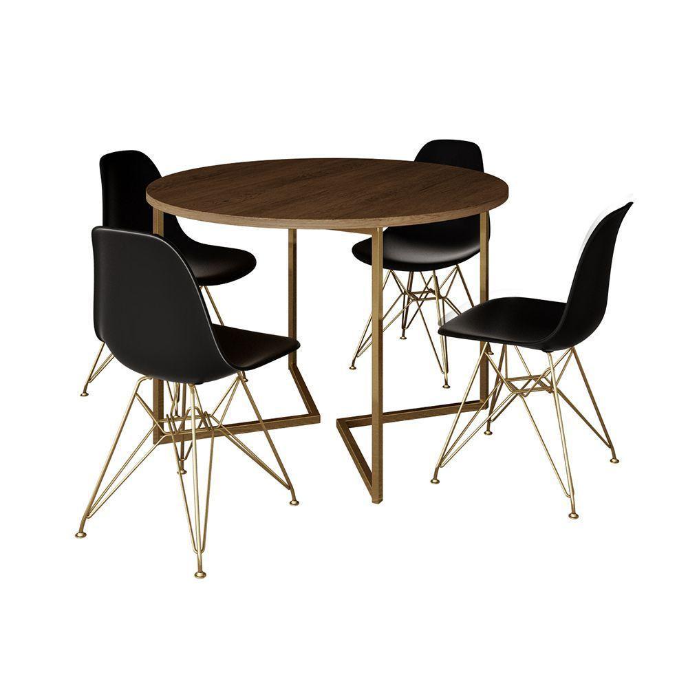 Mesa Jantar Industrial Redonda 110Cm Amêndoa Base V Dourada C/4 Cadeiras Pretas Base Cor: Amendoa - 6