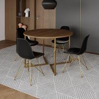 Mesa Jantar Industrial Redonda 110Cm Amêndoa Base V Dourada C/4 Cadeiras Pretas Base Cor: Amendoa - 1